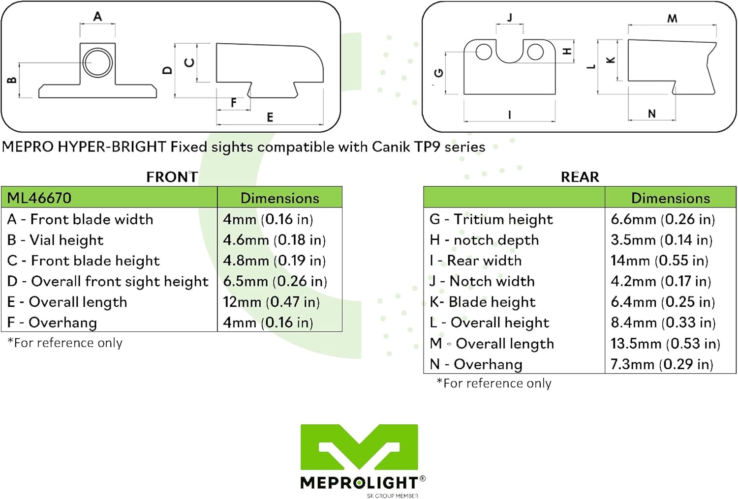 MEPRO Hyper-Bright tritium Night Sights Compatible with Canik TP Series (New Models), Green tritium dots,Extra Bright Colored Front photoluminescent