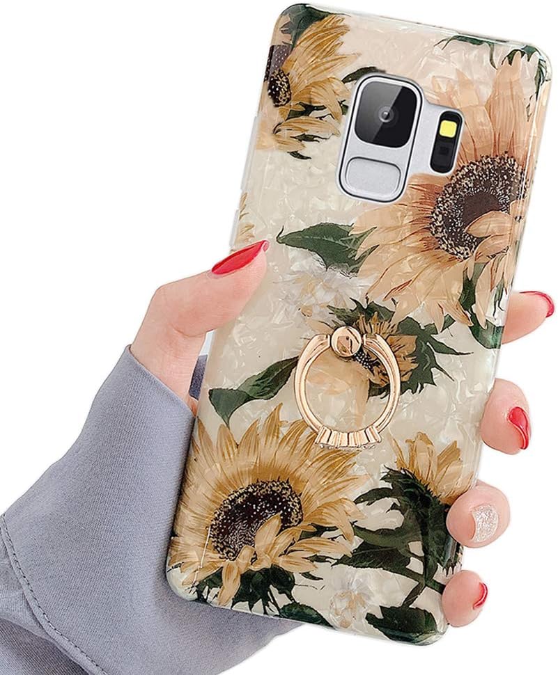 Qokey Funda para Galaxy S9, S9, diseño de flores, a la moda, para hombres, mujeres y niñas, con anillo giratorio de 360 grados, soporte de TPU suave