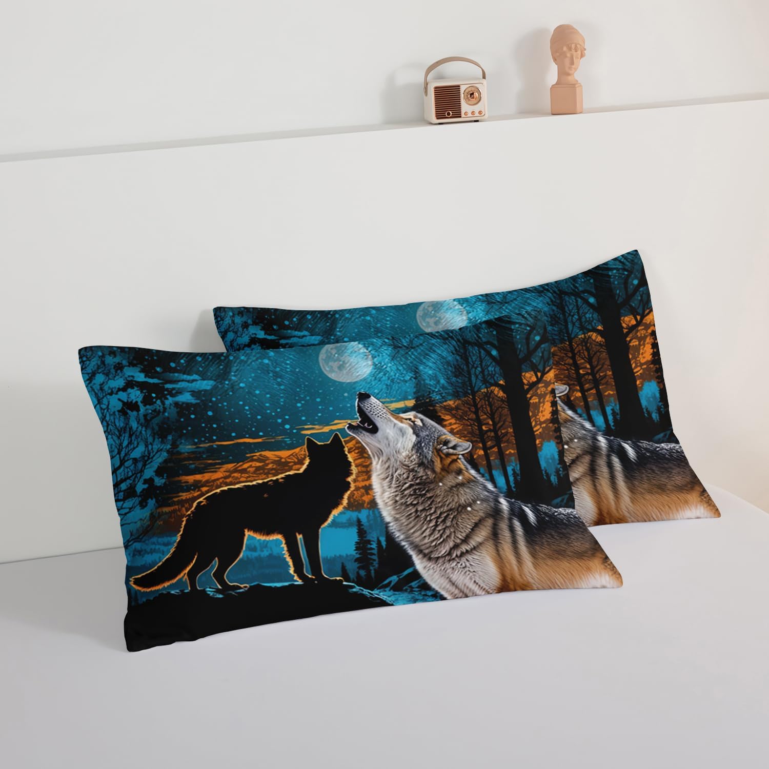 HOSIMA Edredón de lobo salvaje, ropa de cama con estampado de animales del bosque con 2 fundas de almohada, juego de ropa de cama de lobo, árbol y
