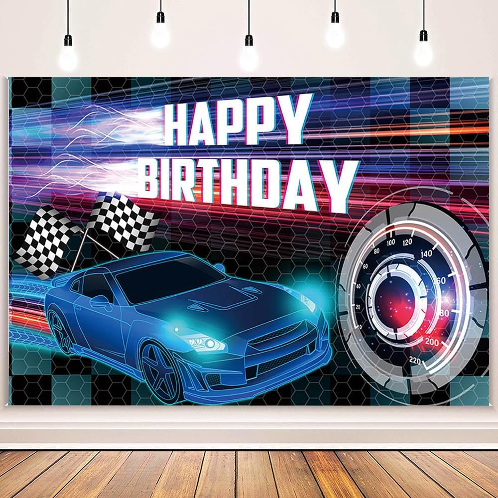 MEHOFOND Telón de fondo de 8 x 6 pies, fondo azul para fotos de fiesta de carreras para niños, decoración de fiesta de coches, pancarta azul de