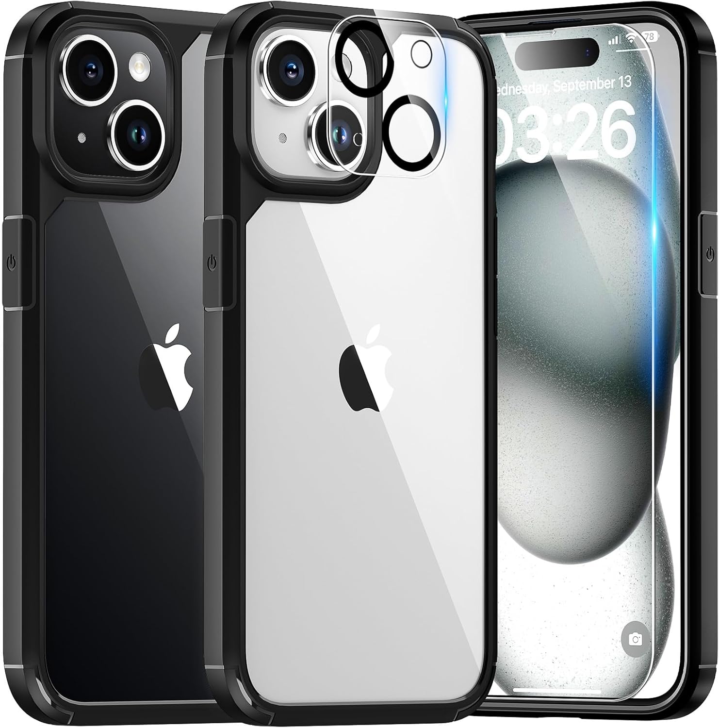 TAURI Funda 5 en 1 para iPhone 15, no amarillenta con 2 protectores de pantalla + 2 protectores de lente de cámara, protección contra caídas de