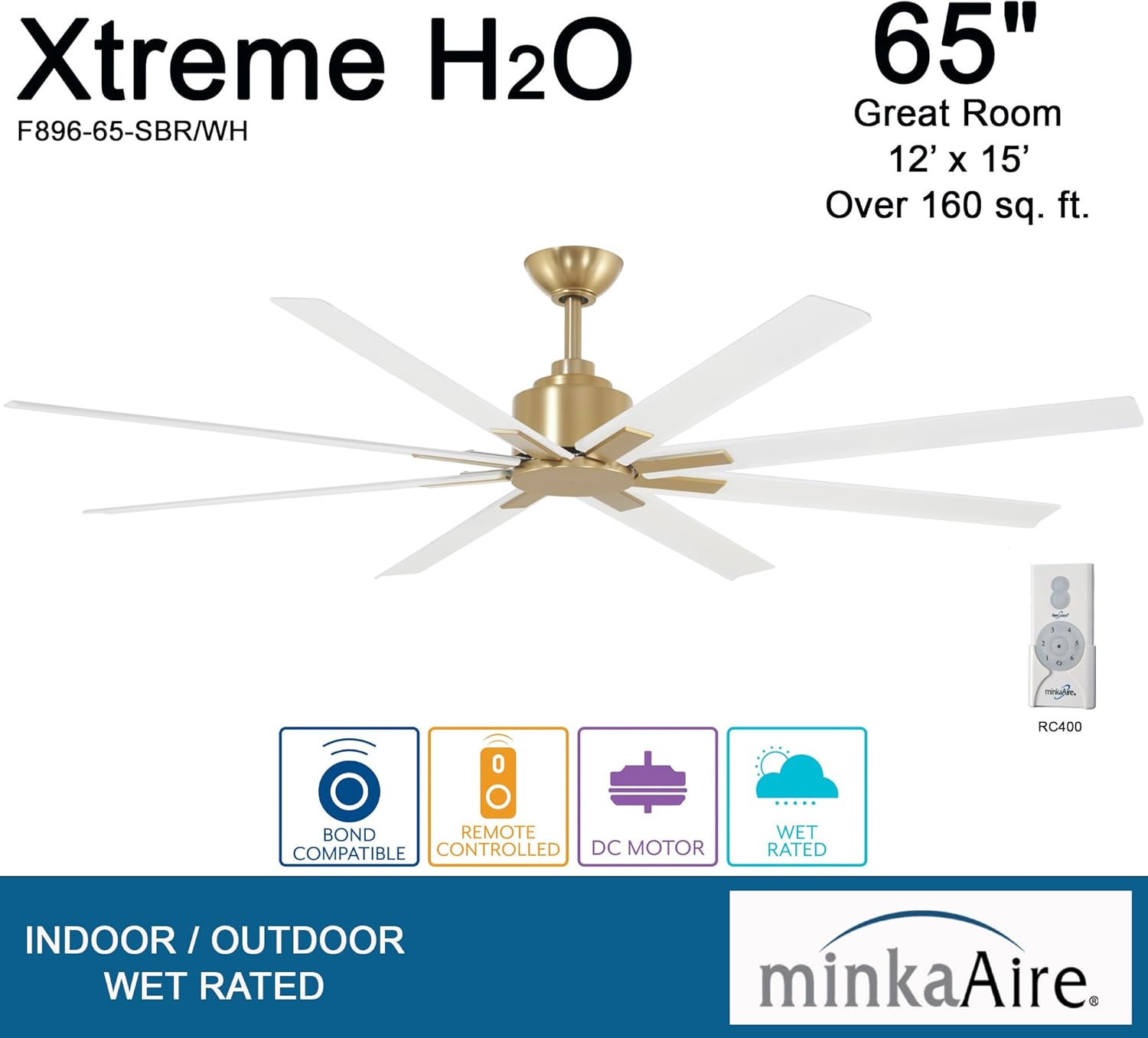 MINKA-AIRE F896-65-SBRWHF Xtreme H2O Ventilador de techo para exteriores de 65 pulgadas con motor de CC en acabado de latón suave con cuchillas