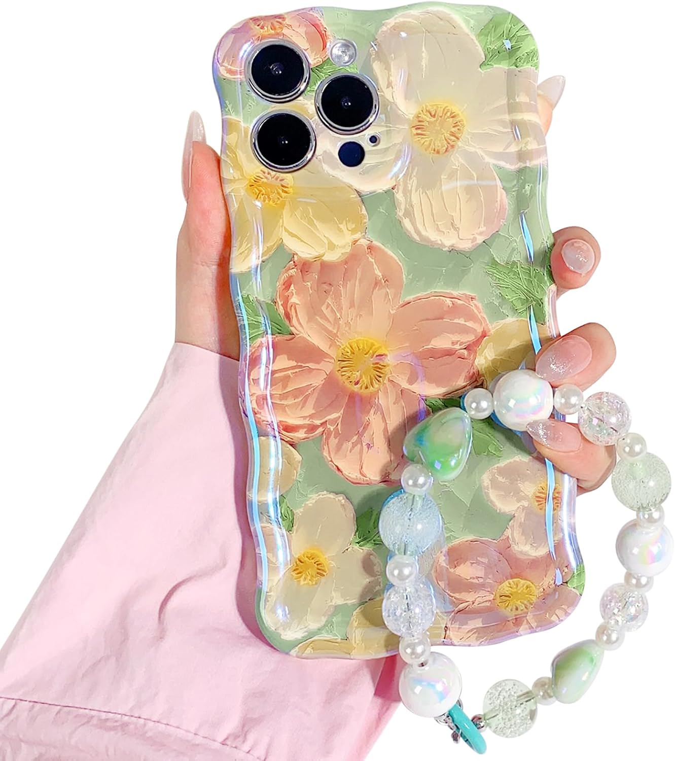 NITITOP Funda compatible con iPhone 13 Pro Max, bonita funda de pulsera con flores de aceite y correa de muñeca con cordón verde para mujeres y