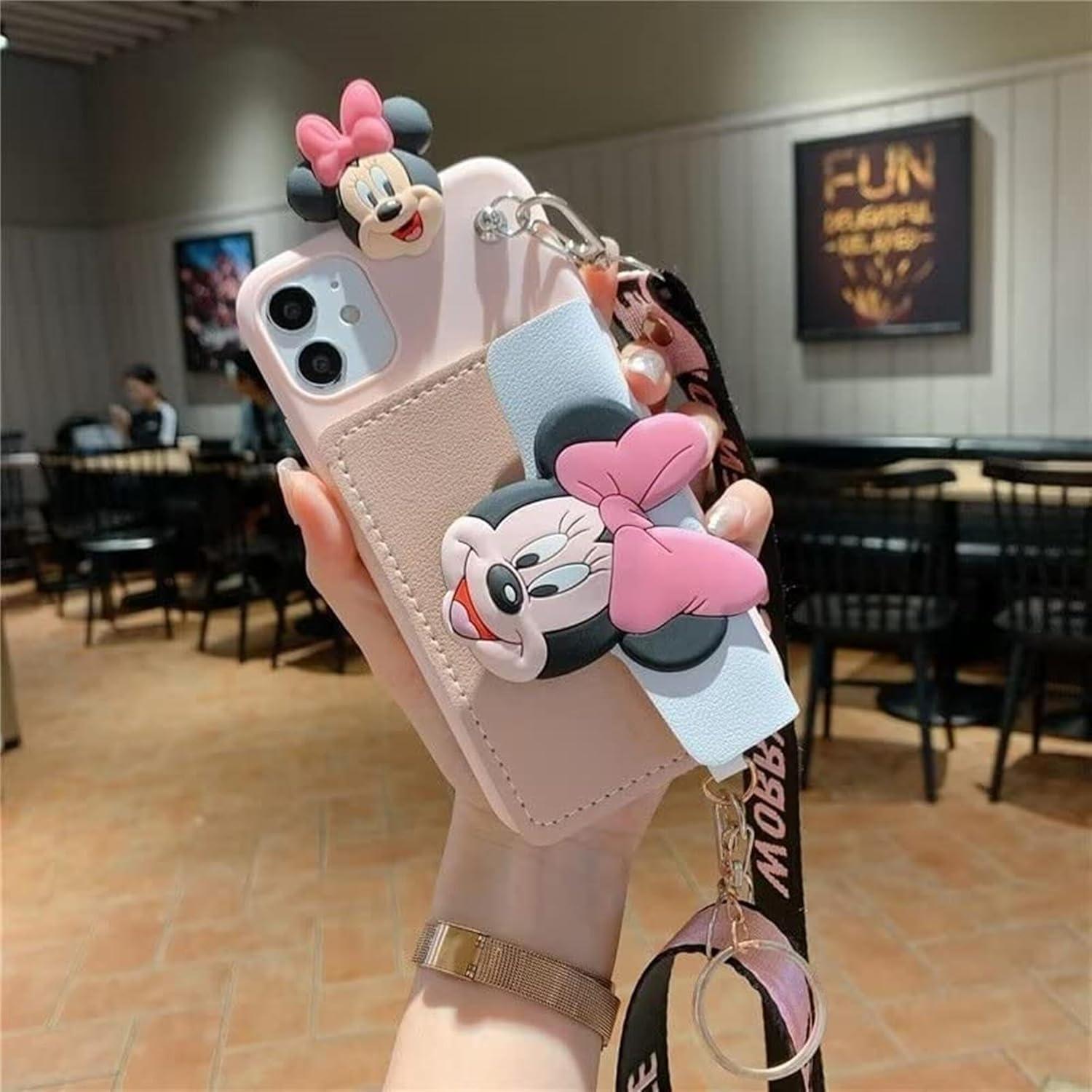 Funda para iPhone 15 Pro Max, diseño de cachorro Minnie Mouse con bonito soporte para tarjetas de dibujos animados, cuerda oblicua de TPU suave,