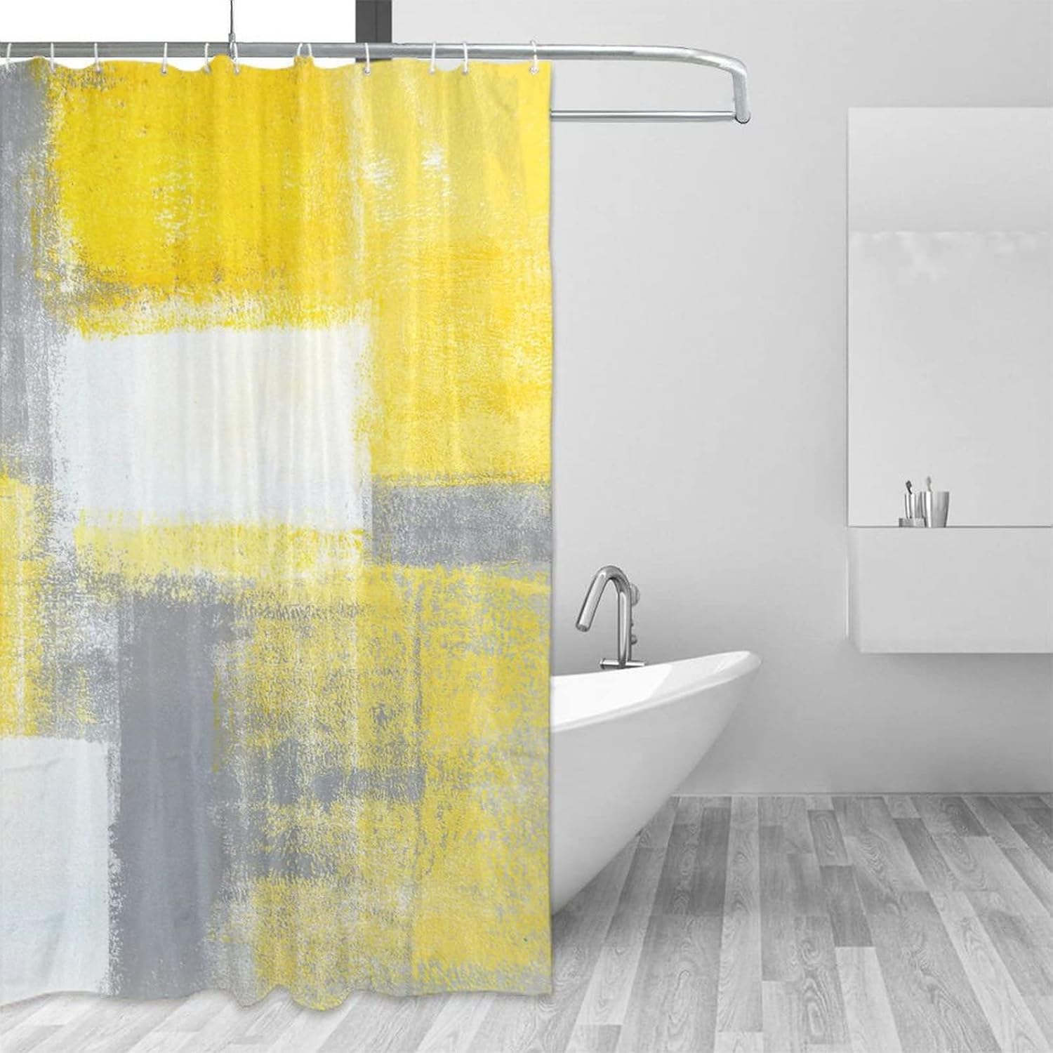 Cortinas de ducha con pintura de arte abstracto, cortinas de ducha con estampado 3D de acuarela gris y amarillo, juego de cortinas de baño con 12