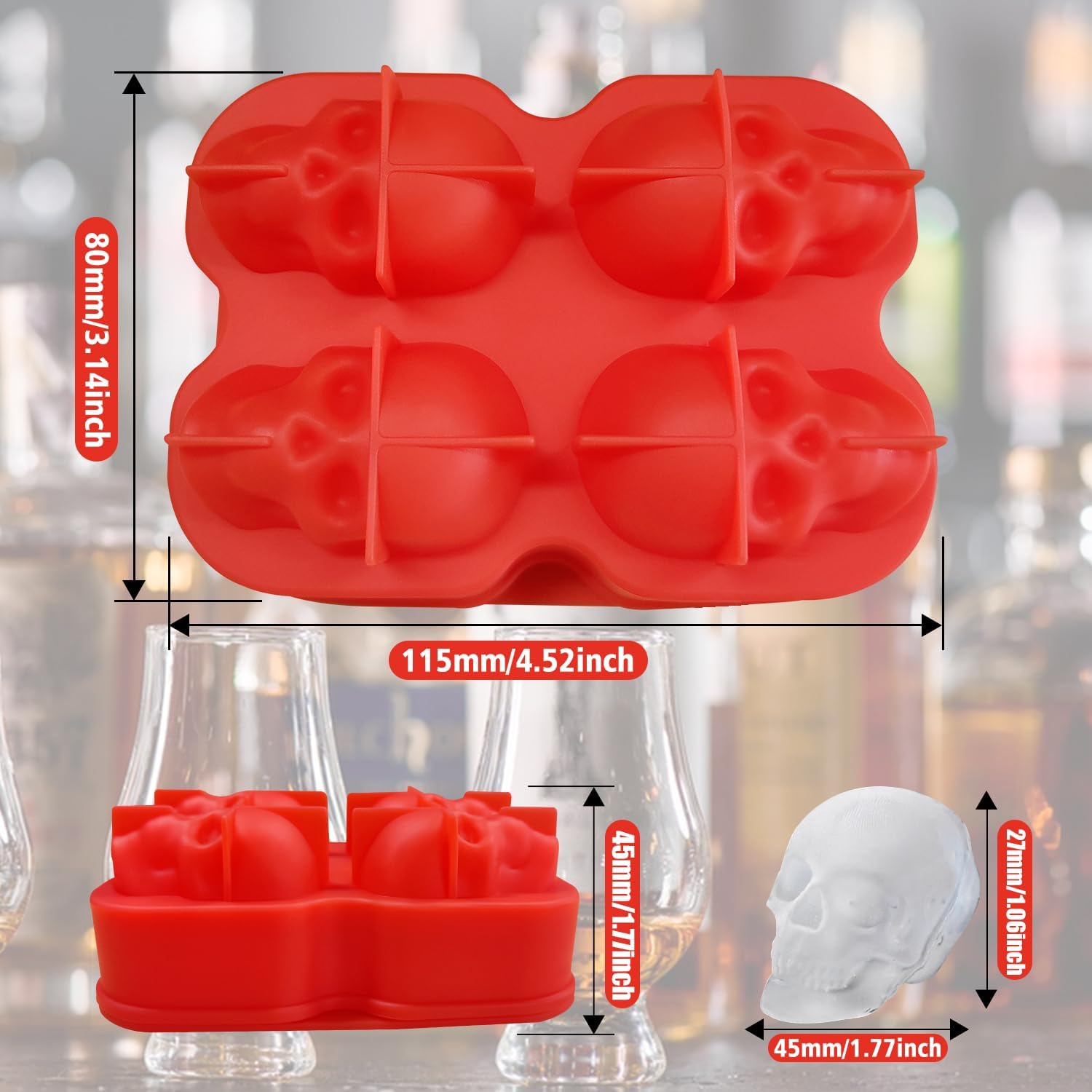 Molde grande para bolas de hielo de whisky, un juego de 4 moldes grandes para cubitos de hielo, moldes redondos grandes, silicona reutilizable de