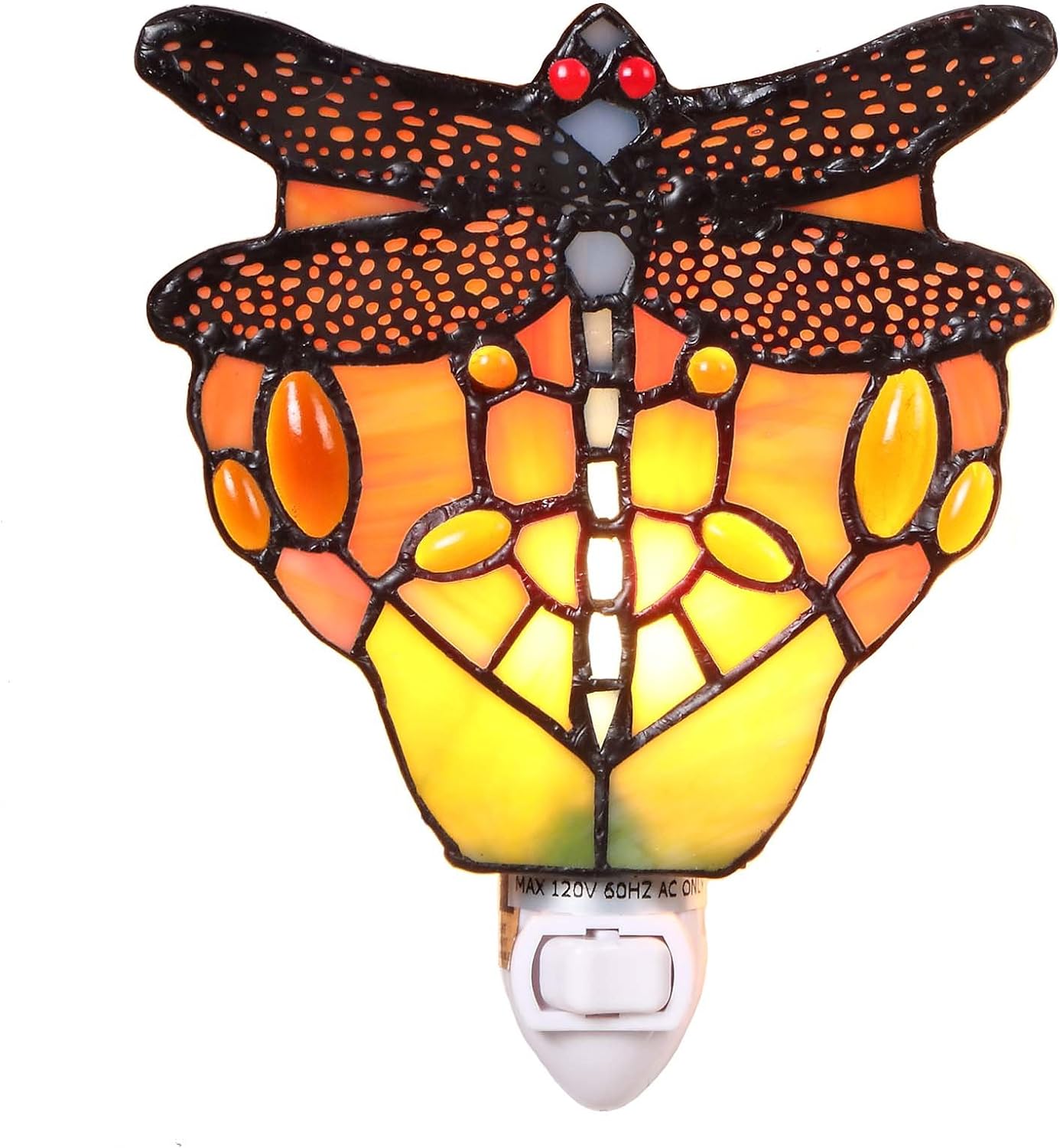 Bieye L11401 Lámpara de pared de libélula de vidrio manchado estilo Tiffany con enchufe de luz nocturna enchufable para decoración del hogar