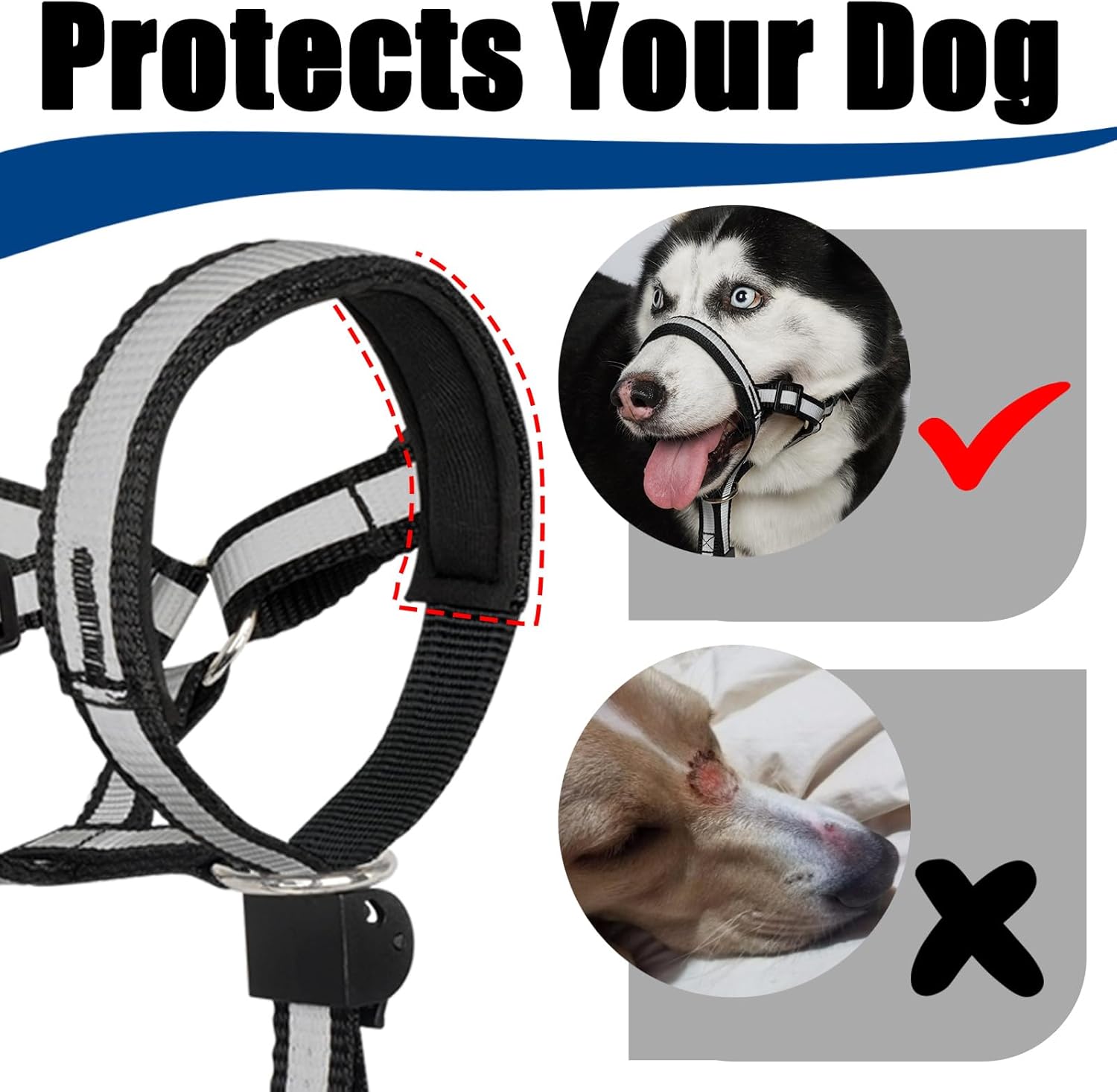 BARKLESS Collar reflectante para la cabeza, collar antitirones para perros medianos y grandes, correa de bozal antitirones para razas de tamaño