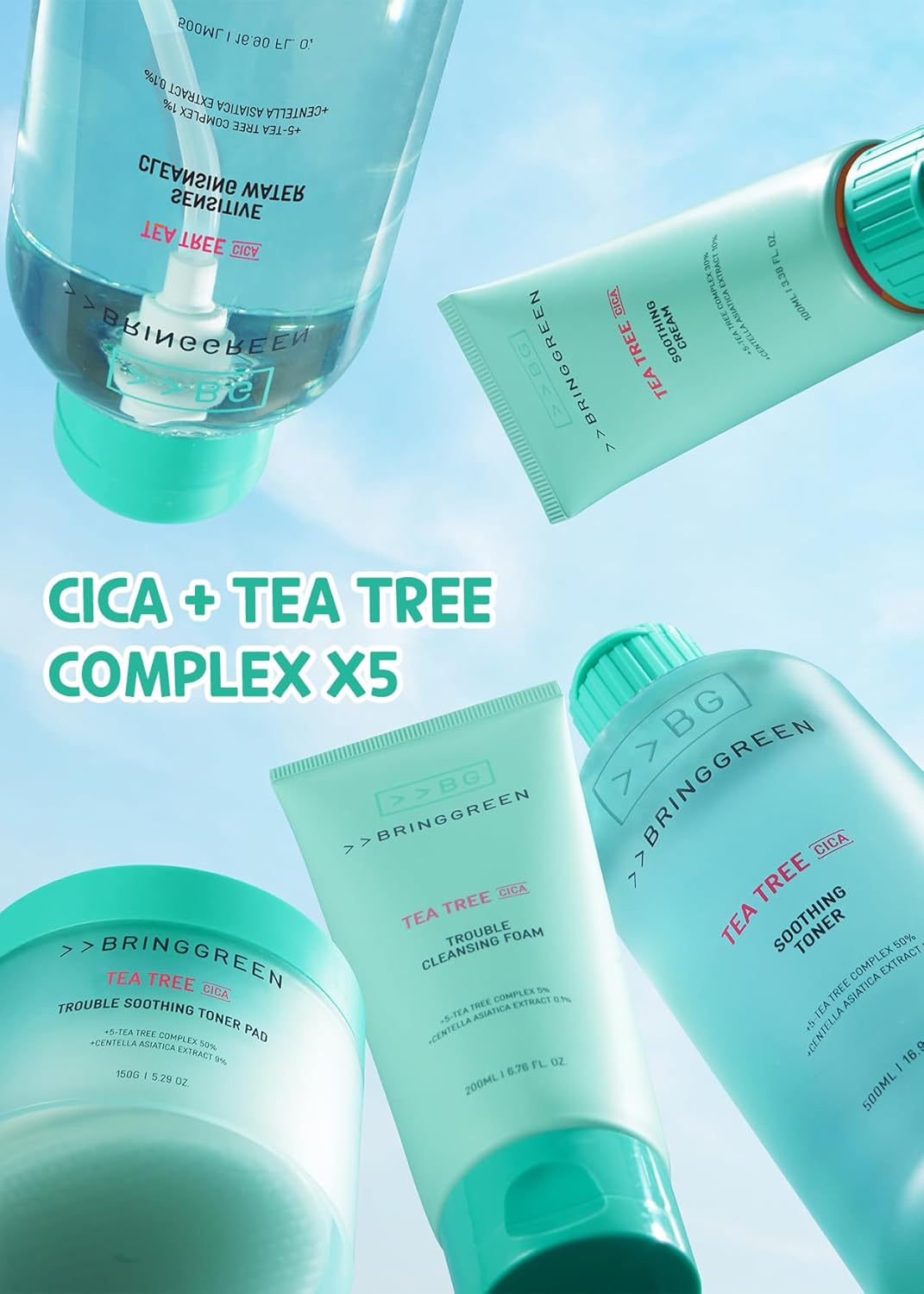 BRING GREEN Tea Tree CICA Tónico calmante  Rutina diaria suave de cuidado de la piel para efecto refrescante e hidratante (8.5 onzas líquidas), 8.5
