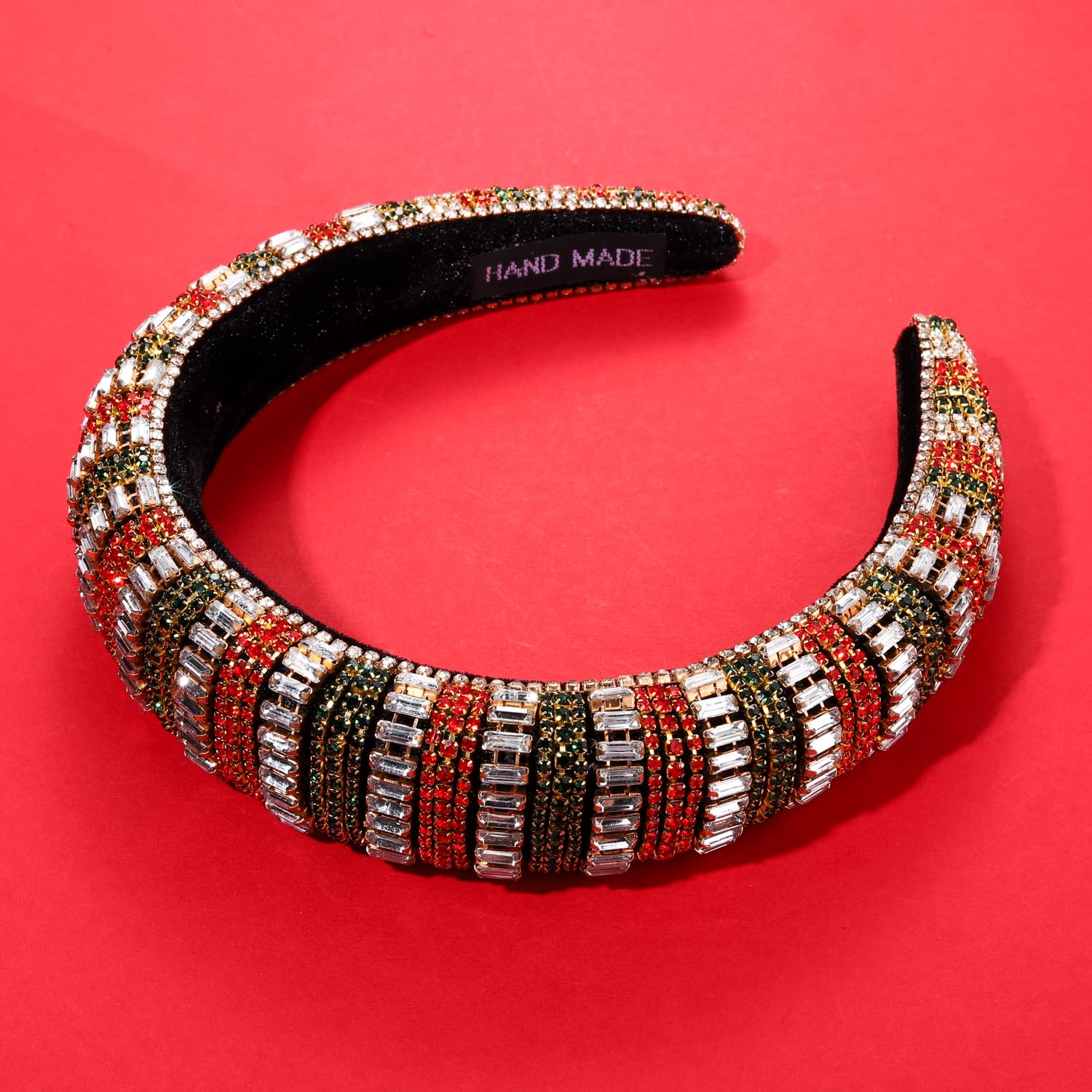NVENF Diadema de Navidad con diamantes de imitación de cristal para mujer, diadema ancha de terciopelo con cuentas de color rojo y verde, accesorio