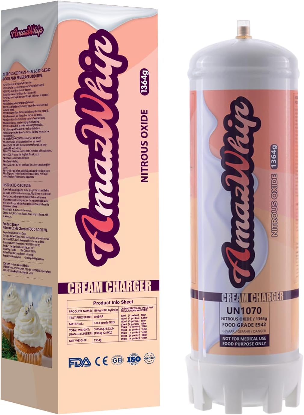 Cargador de crema batida, tanques de 2.2 litros,Cilindros de cargador de crema 1364G (2 cilindros)