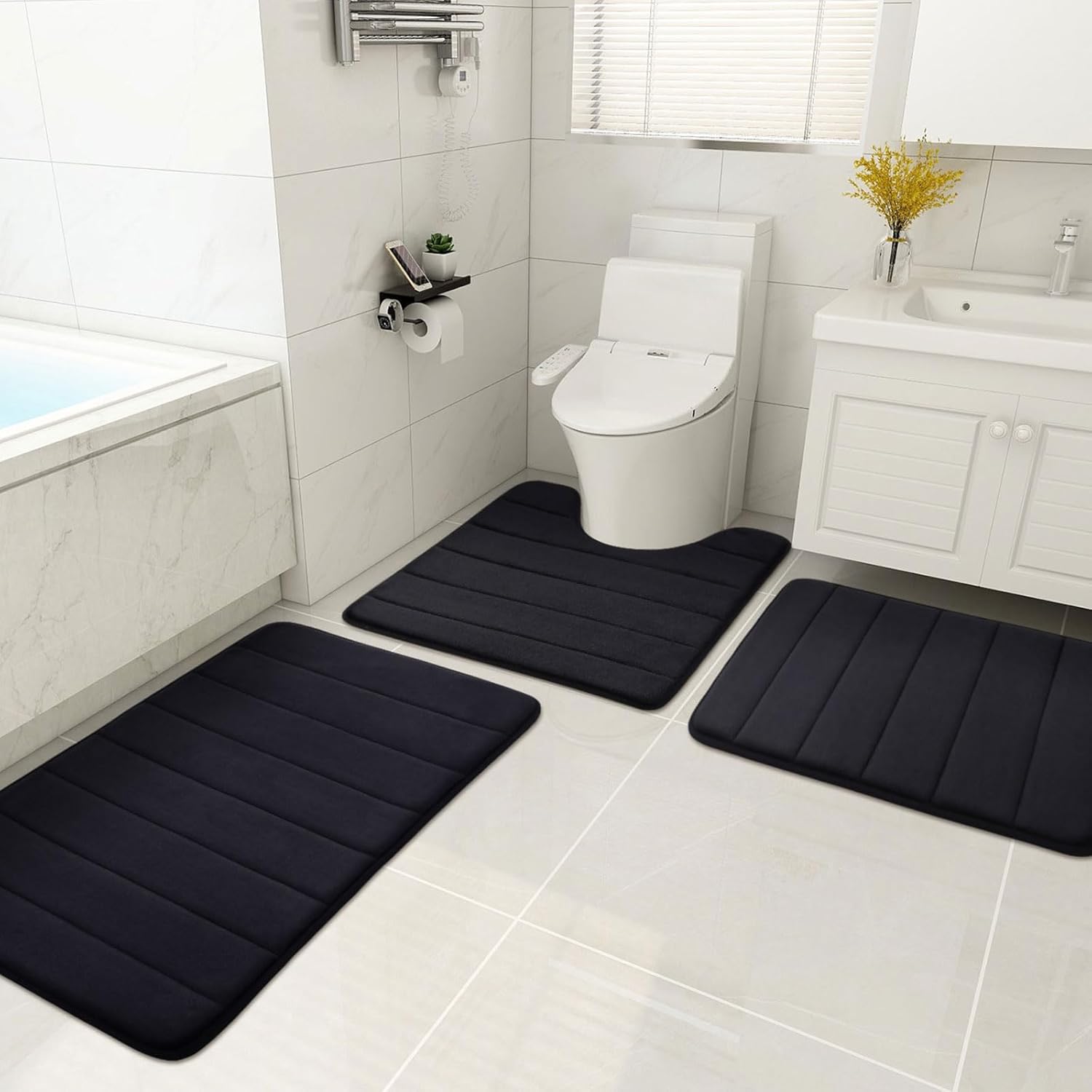 Buganda Juego de 2 tapetes de baño de espuma viscoelástica y tapete para inodoro en forma de U, lavable a máquina, suave, antideslizante,