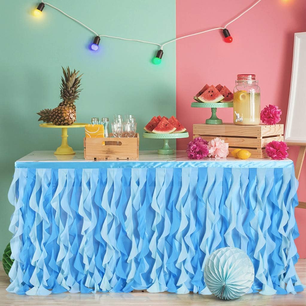 Faldas de mesa de tul con tutú rizado de sauce para mesas rectangulares, falda de mesa con volantes azules, mantel de Frozen para fiesta de