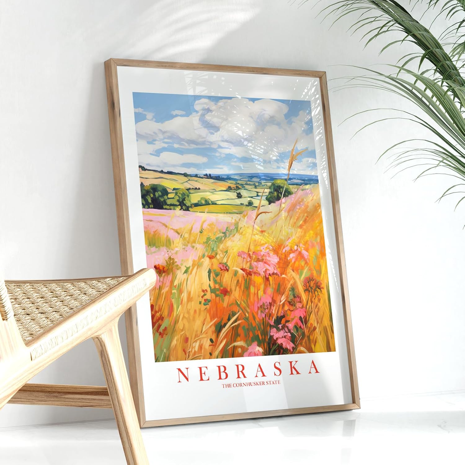 Nebraska Travel Print Cornhusker State Souvenir Yellow Orange Pink Wall Art Retro Poster Scenic Landscape Painting (8×10 inches)