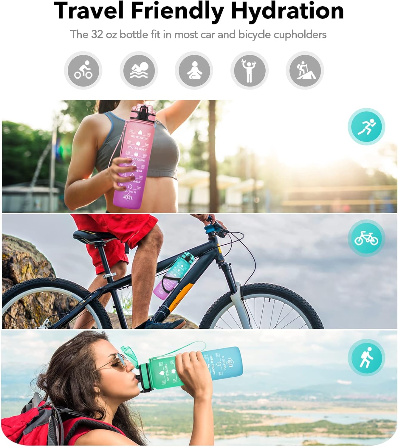 Botella de agua motivacional de 32onzas con marcador de tiempo y colador de frutas, a prueba de fugas, sin bisfenol A, no tóxica, con correa, para