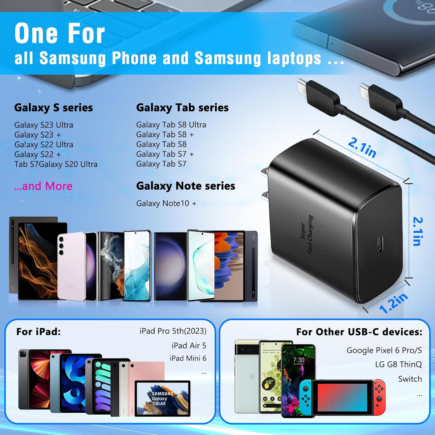 Cargador súper rápido de 45 W, cargador de teléfono Android USB C de carga rápida tipo C con cable de 5 pies para Samsung Galaxy S24 S23 S21 S20