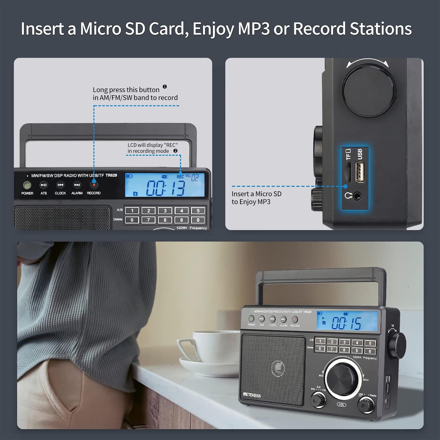 Retekess TR629 Radios portátiles de onda corta radio digital AM FM enchufe con DSP pantalla LCD de retroiluminación ajuste digital y preestablecido - Imagen 4