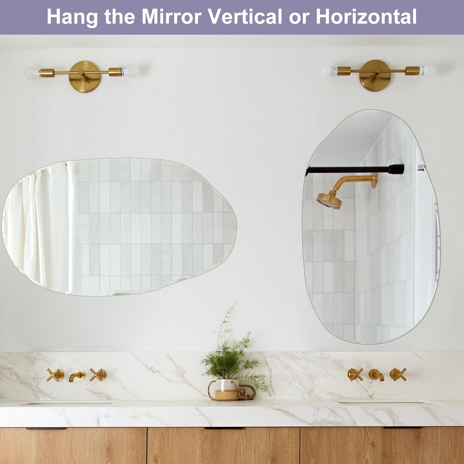 Espejo irregular para pared, grande de 21 x 35 pulgadas, espejo de pared asimétrico de forma irregular, elegante espejo sin marco para sala de