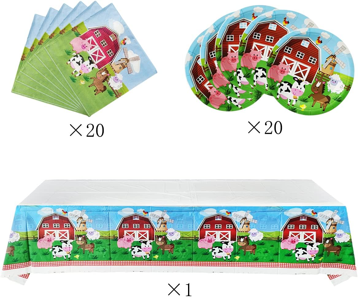 Juego de vajilla de fiesta de animales de granja, 20 platos y 20 servilletas y mantel de 71 x 42 pulgadas, suministros de decoración de fiestas