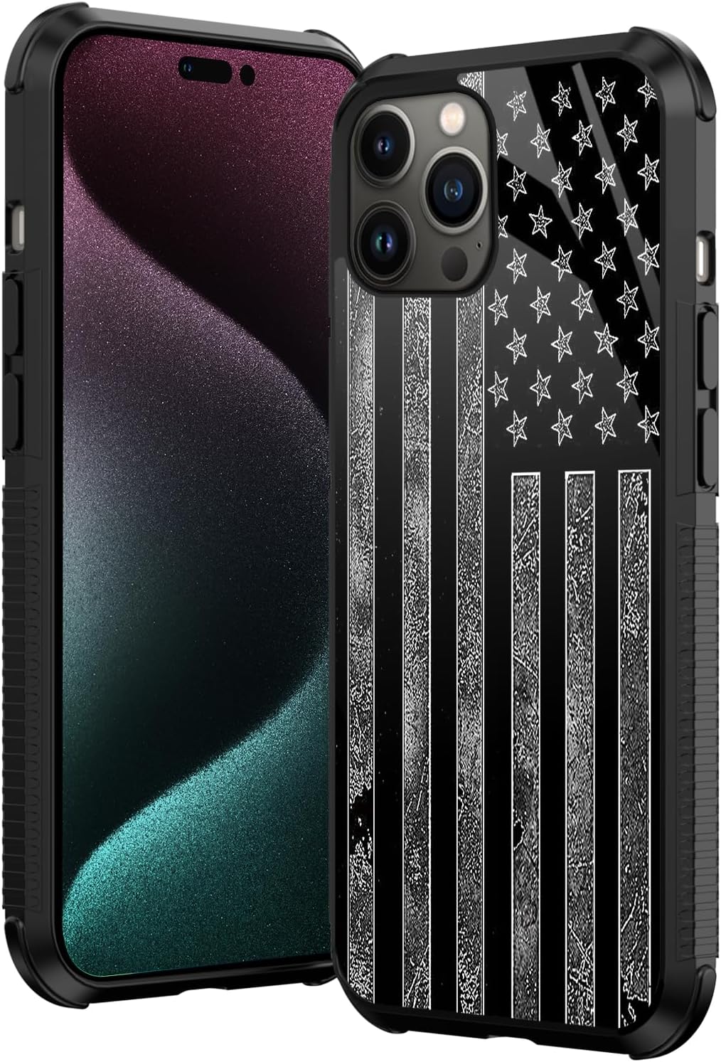 Funda compatible con iPhone 15, funda de bandera estadounidense gris oscuro para iPhone 15 para hombres y niños, diseño de vidrio orgánico, a prueba