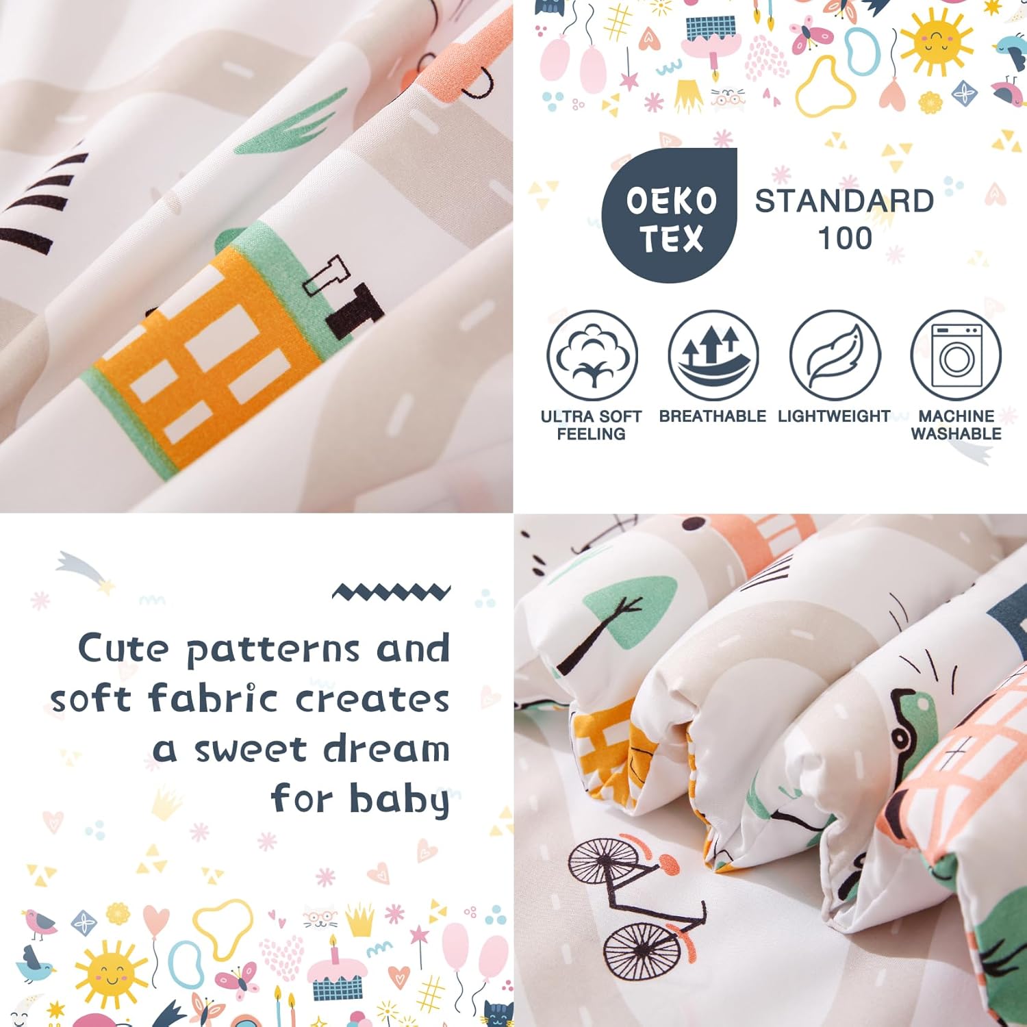 JSD Juego de ropa de cama de 4 piezas con estampado de coches para niños y niñas, incluye sábana encimera, sábana bajera, edredón acolchado y funda