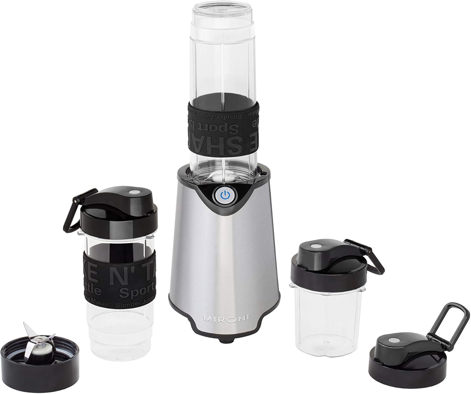 minilicuadora personal para hacer licuados y smoothies con taza trituradora, 2 botellas licuadoras y libro de recetas (versión inglés), Acero