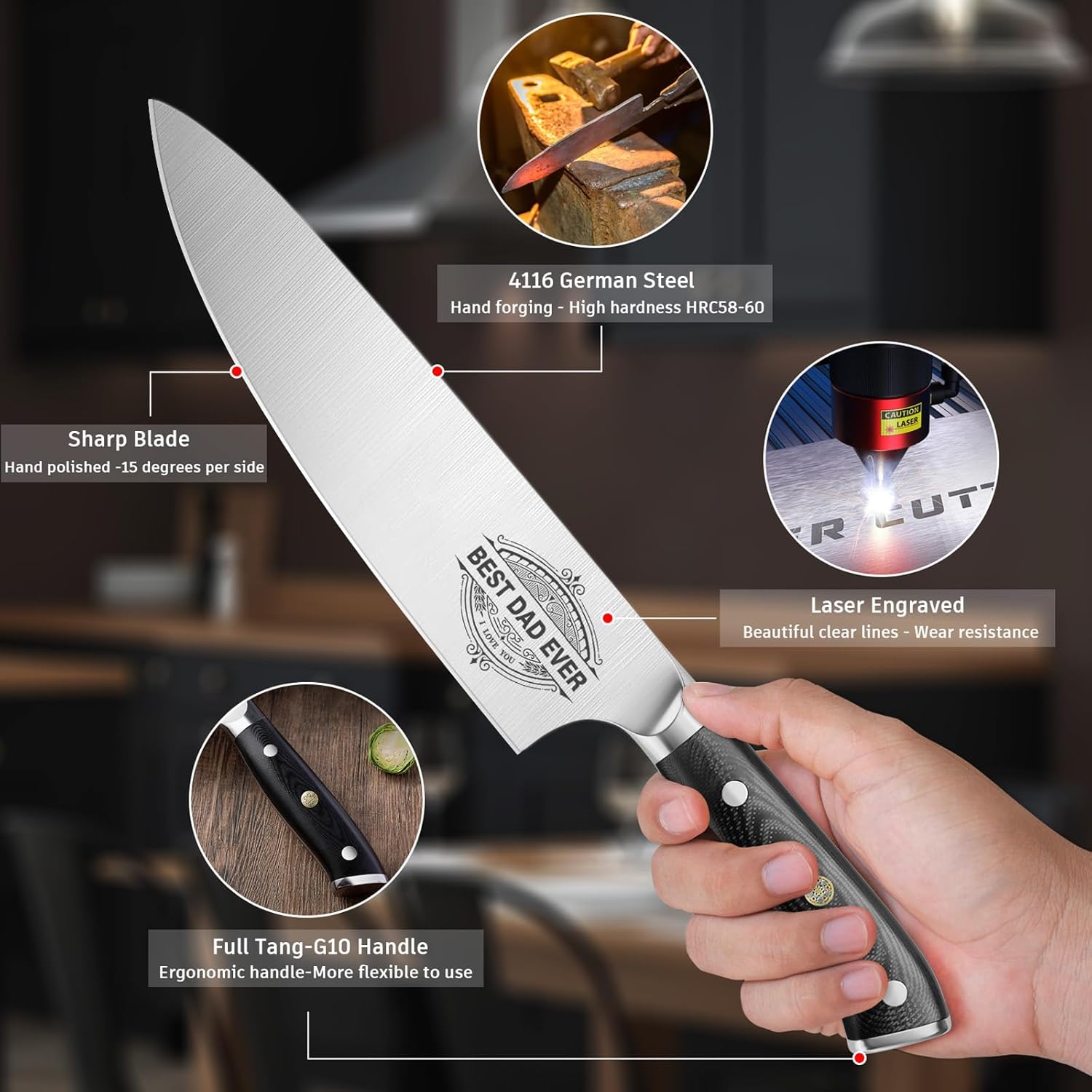 Regalos para papá de hija e hijo, cuchillo de chef “BEST DAD EVER”, Día del Padre, cumpleaños, Navidad, regalos para papá, cuchillo de chef