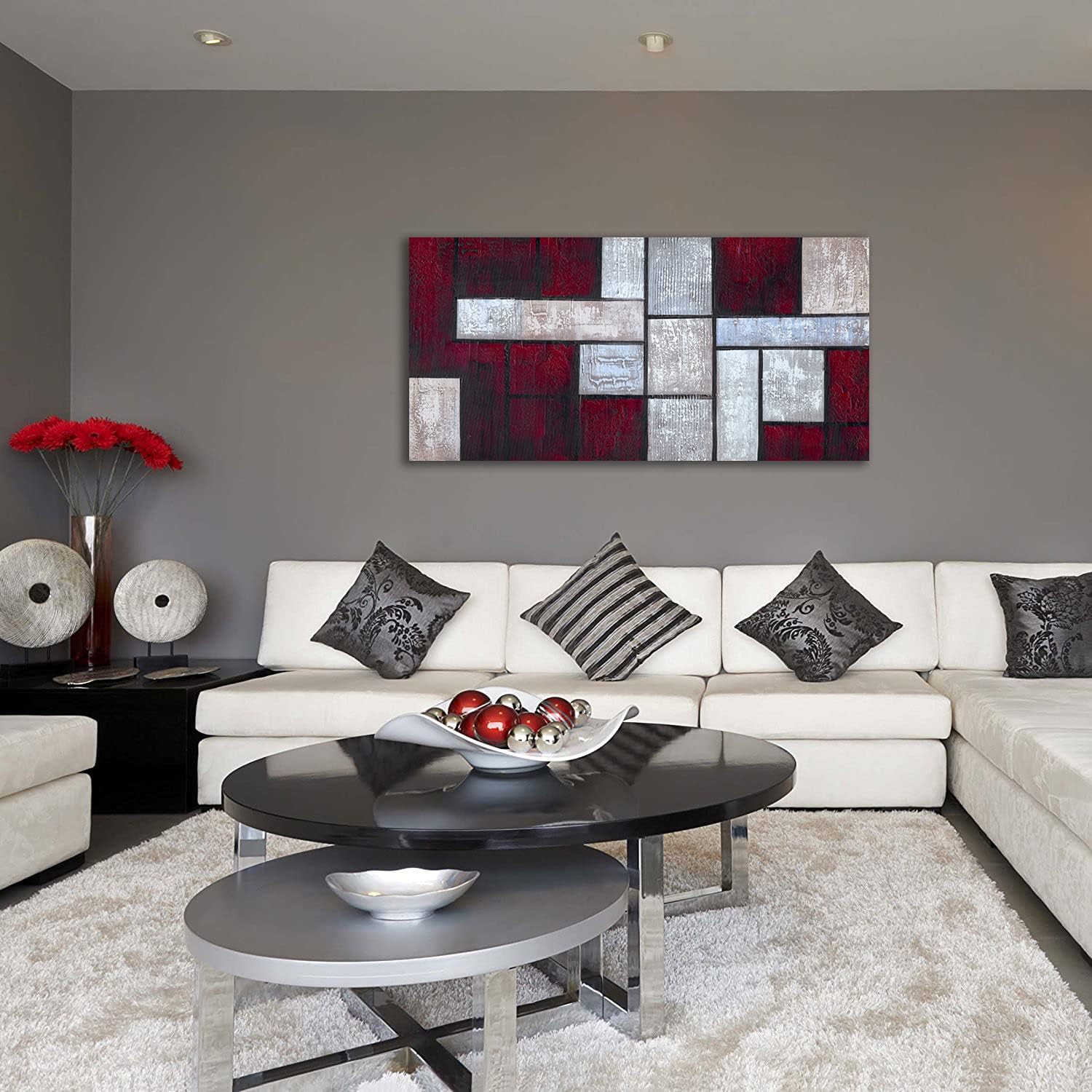 Cuadrados abstractos en lienzo pintado a mano, pintura al óleo de color rojo oscuro, decoración de imagen pesada texturizada para sala de estar,