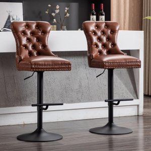 CIMOO Juego de 2 taburetes de bar de cuero, sillas tapizadas de isla, taburete giratorio con respaldo, botón acolchonado, color marrón CIMOO Juego de 2 taburetes de bar de cuero, sillas tapizadas de isla, taburete giratorio con respaldo, botón acolchonado, color marrón