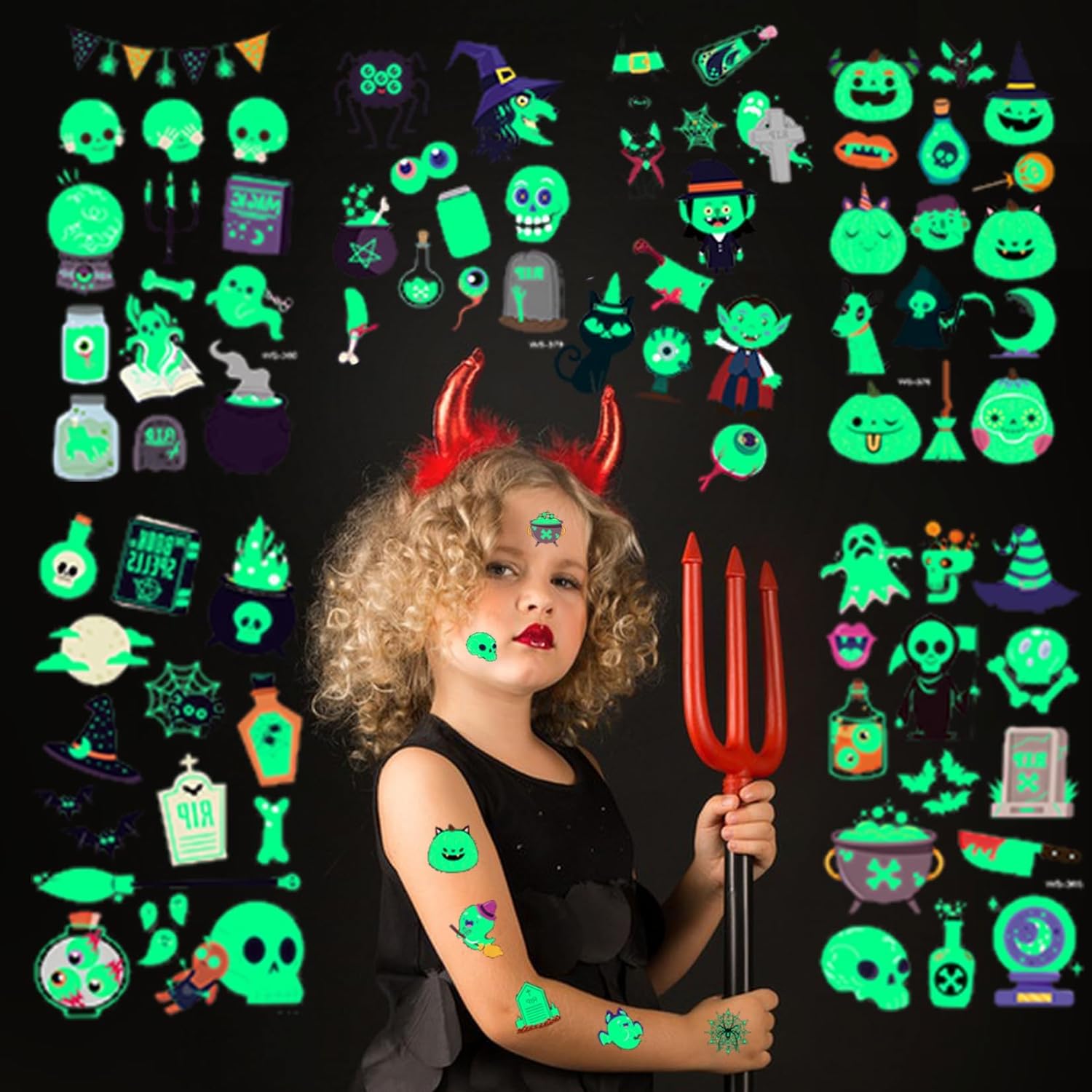 CARGEN Tatuaje temporal de Halloween para niños, 20 hojas, 268 patrones, decoraciones divertidas para fiestas de Halloween, suministros pequeños y