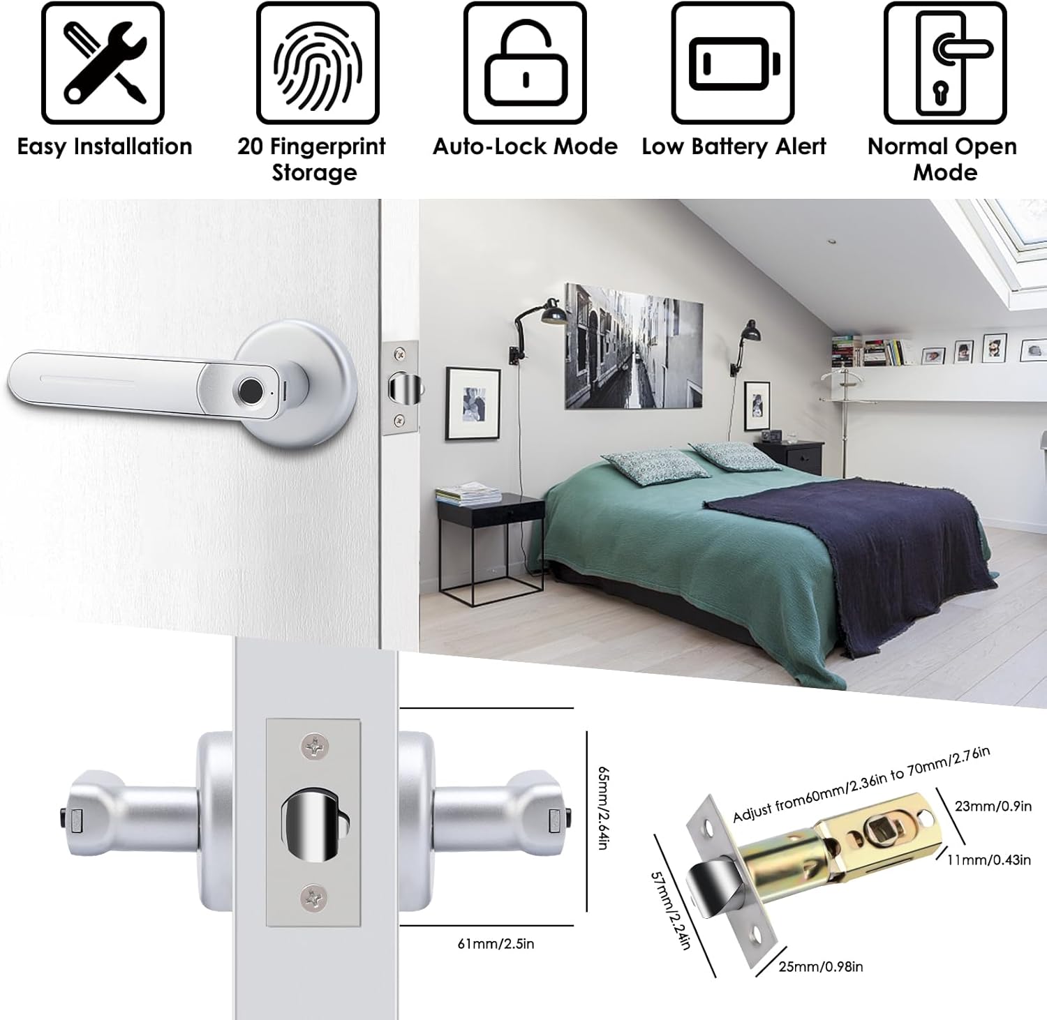 NIDOOT Cerradura de puerta biométrica de huellas dactilares, plata, garantía de 12 meses