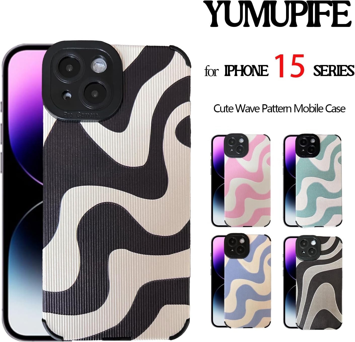 YUMUPIFE Funda compatible con iPhone 15 Pro, bonita funda de silicona con patrón de ondas para mujeres y niñas, funda de silicona con diseño de