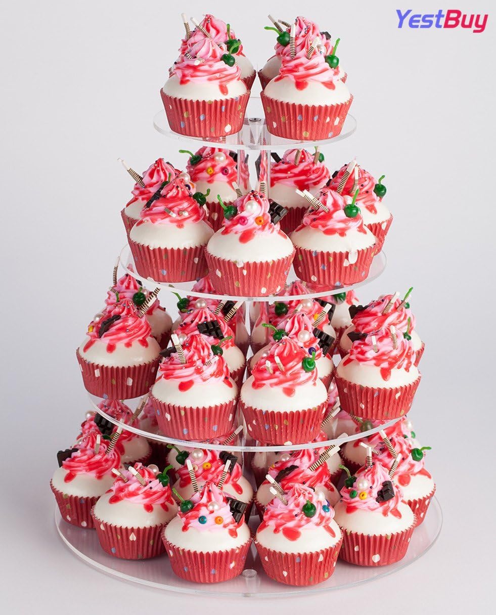 YestBuy Soporte redondo de acrílico para cupcakes de 4 niveles con base, soporte para cupcakes de alta calidad, torre de acrílico para cupcakes,
