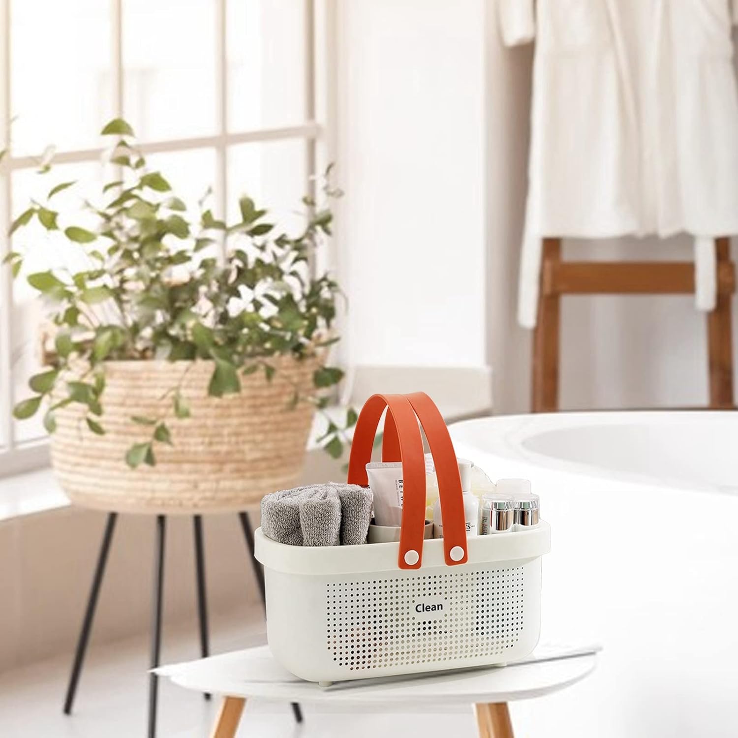Cesta de almacenamiento de plástico para baño, portátil, con asas, cesta para baño, despensa, cocina, dormitorio universitario, campamento (verde 10