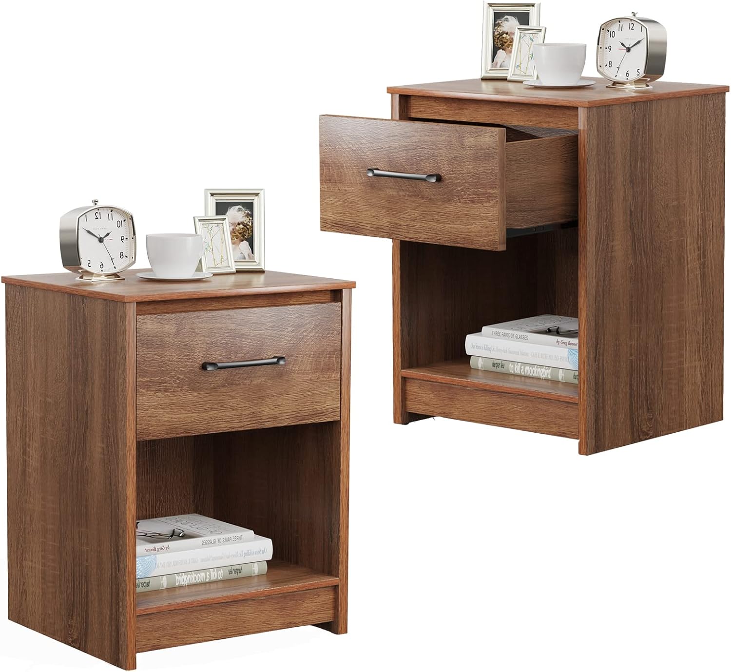 Giantex Mesita de noche con cajón, juego de 2 mesas auxiliares de madera con compartimento de almacenamiento abierto, mesa auxiliar multiusos para