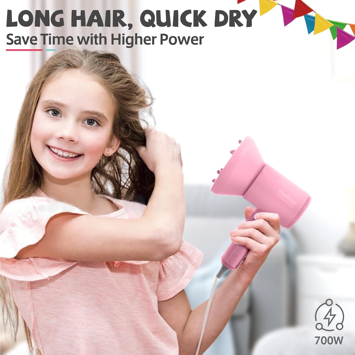 Feekaa Secador de pelo para niños, mini secadora portátil con difusor, secador de pelo pequeño silencioso para niños, secador de pelo compacto para