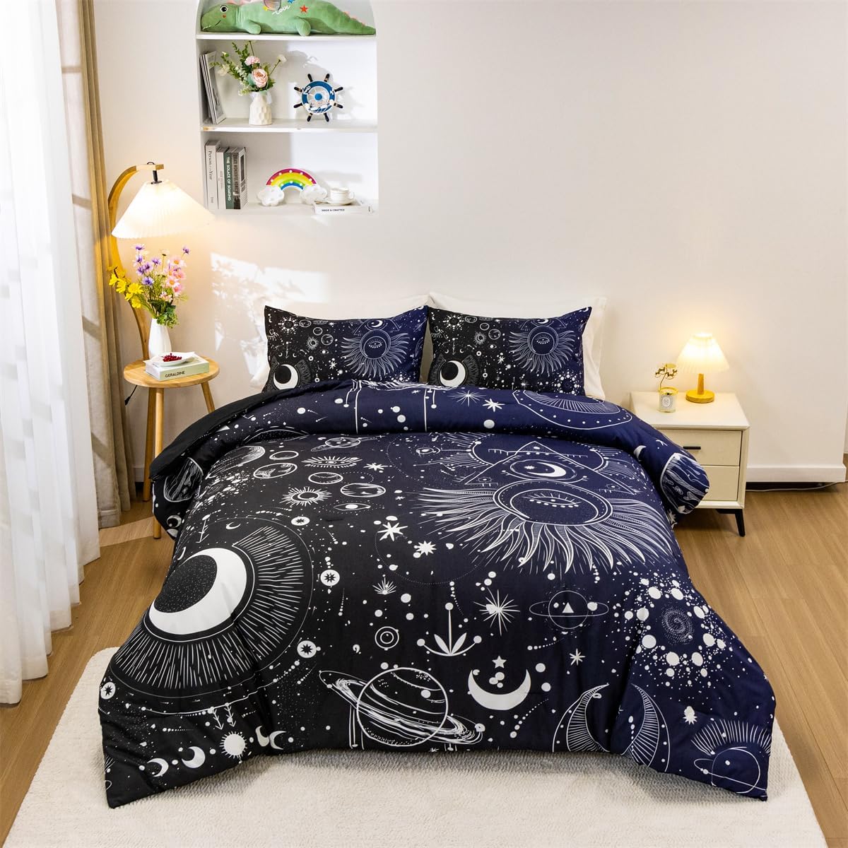 Holawakaka Juego de edredón con estampado de constelaciones de estrellas, luna, tamaño individual, para niñas y niños, juego de ropa de cama con