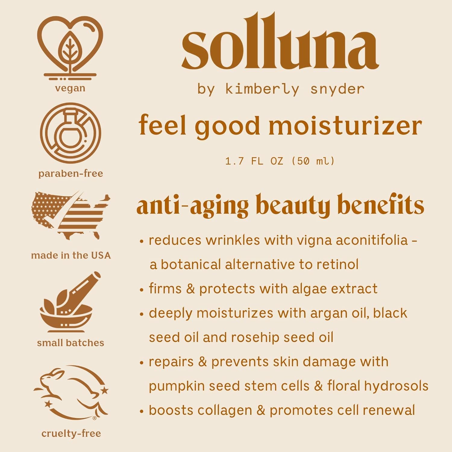 Solluna by Kimberly Snyder Hidratante Feel Good hidratante hidratante, estimulante de colágeno y antienvejecimiento con alternativa natural al