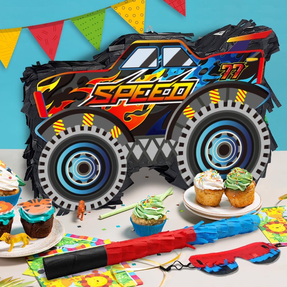 Piñata de camión para suministros de fiesta, piñata de camión monstruo, piñata de automóvil con palo y venda, decoración de fiesta de cumpleaños
