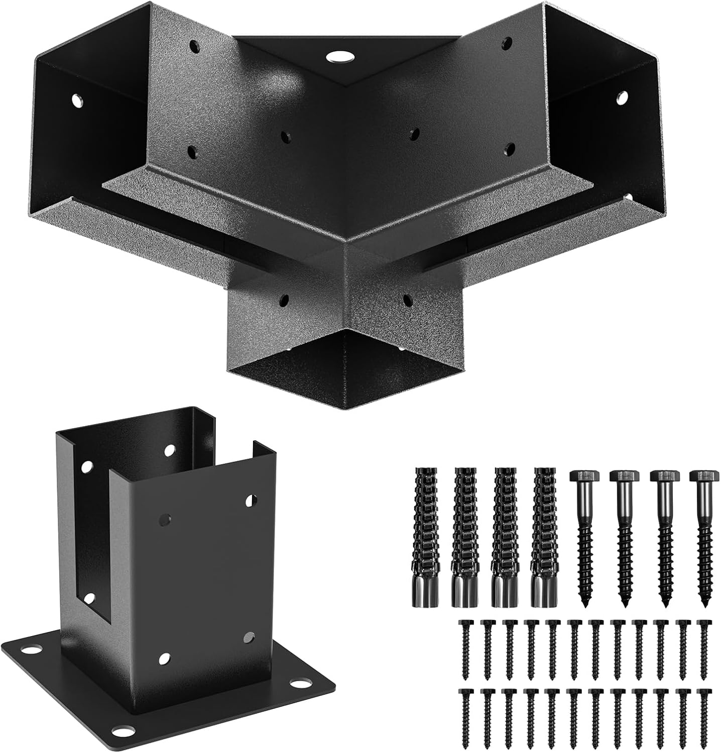 Kit de soportes para pérgola 4×4, soportes de esquina de carpintería con recubrimiento de polvo de 3 vías, 1 hombro de soporte y 1 base de poste de