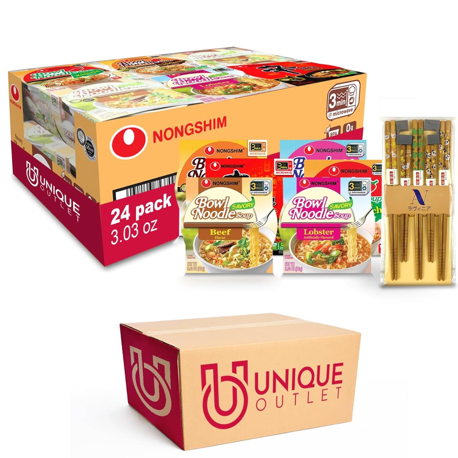 Nongshim Unique Outlet – Paquete de 24 cuencos para sopa Ramyun Ramen de sabores surtidos, 3.03 onzas