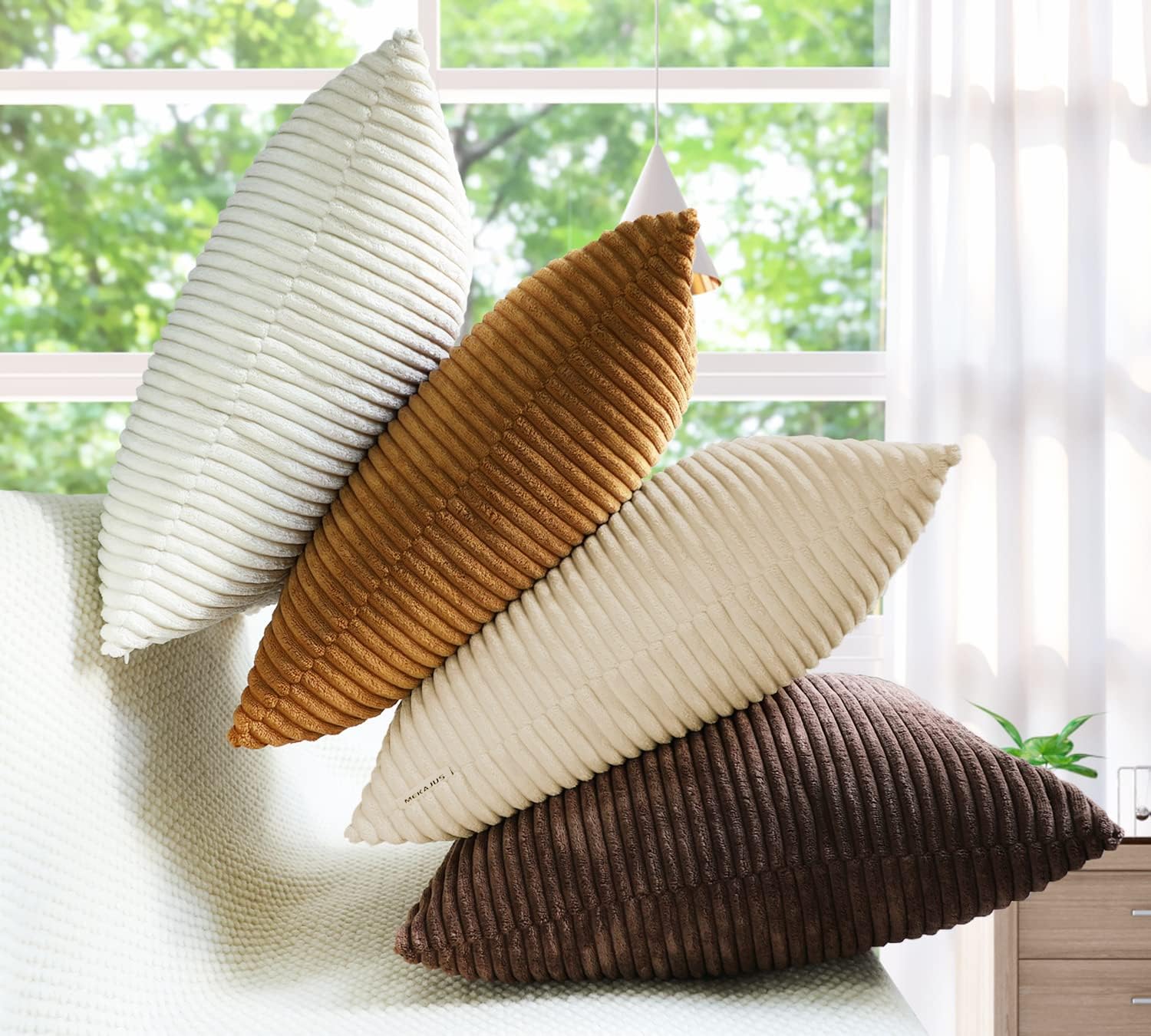 MEKAJUS Juego de 4 fundas de almohada decorativas de pana a rayas suaves, fundas de cojín cuadradas sólidas para decoración del hogar, sala de
