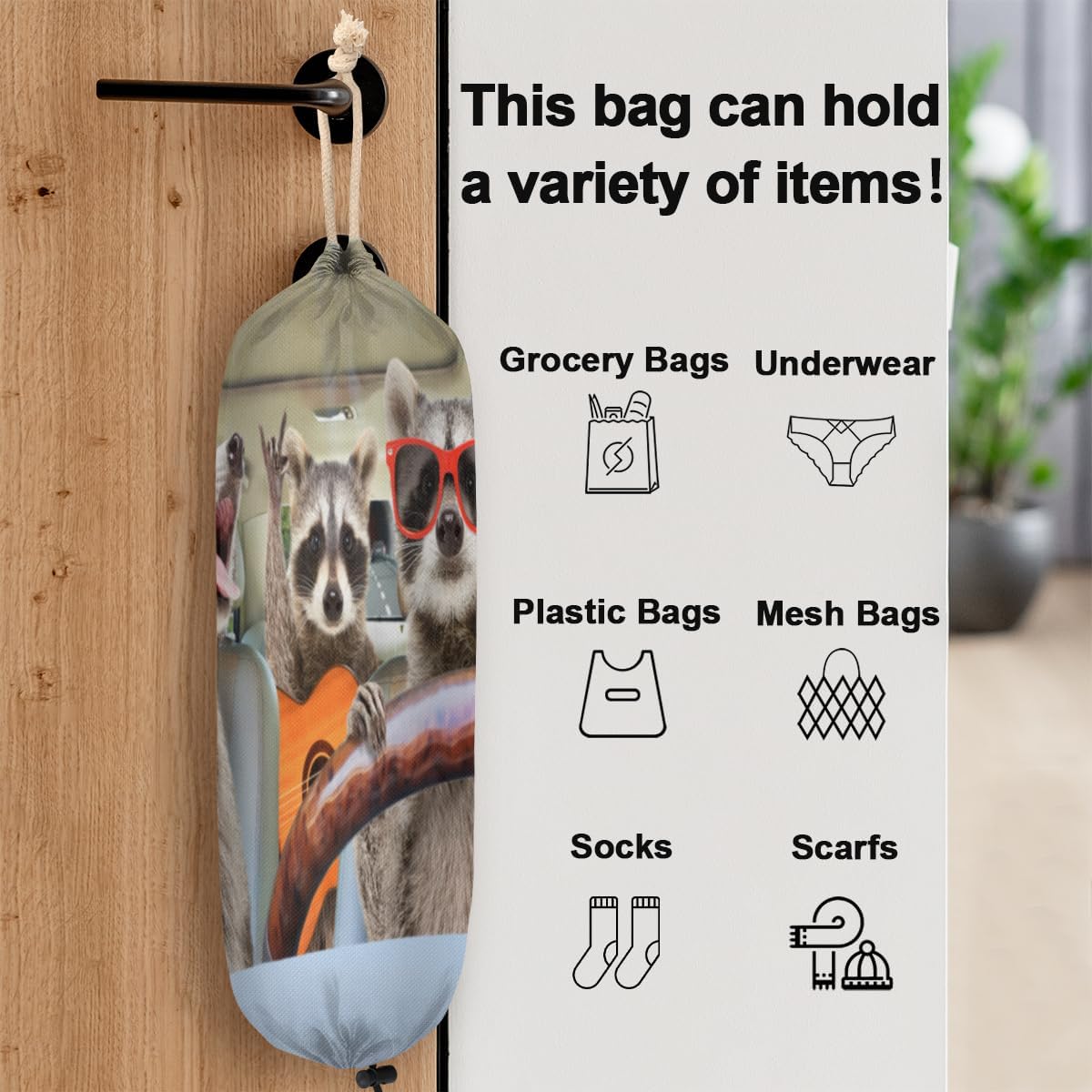 Divertido soporte para bolsa de plástico de mapache de animales, lavable, grande, soporte para bolsa de comestibles, organizador de bolsas de