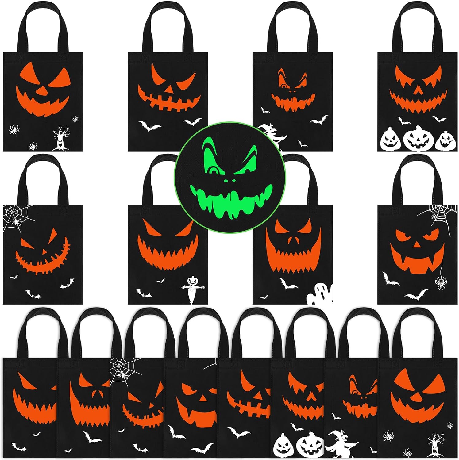 Toulite Paquete de 24 bolsas no tejidas de Halloween con asa a granel, reutilizables, bolsas de regalo de dulce o truco, calabaza, fantasma, araña,