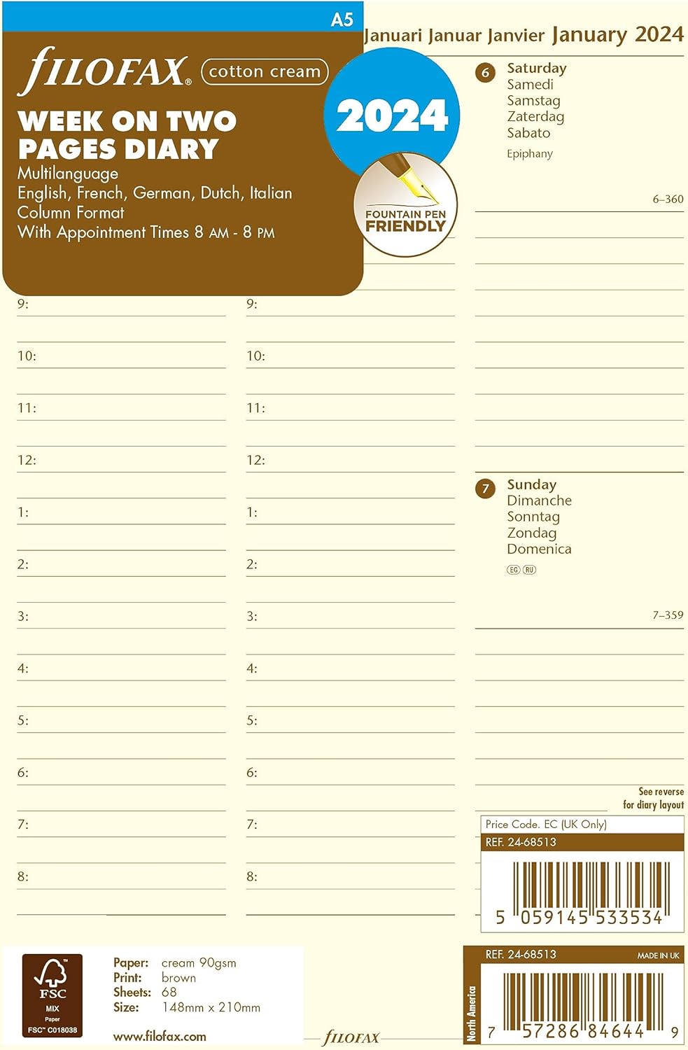 Filofax Recambio de diario de calendario, tamaño A5, vista semanal con citas, papel crema de algodón, multilingüe cinco idiomas, 2024 (C68513-24)