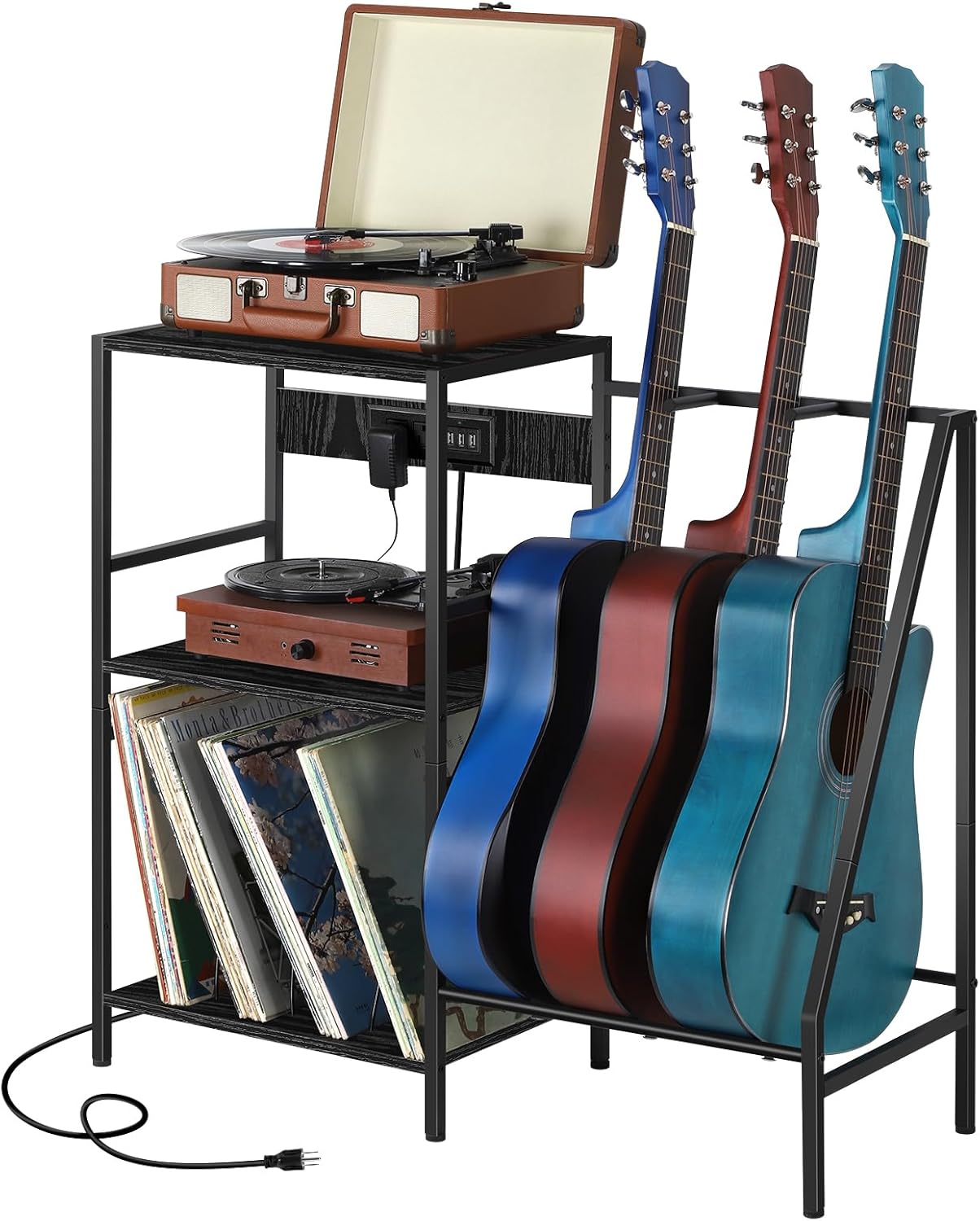 Soporte para guitarra, soporte para tocadiscos, soporte para guitarra con estación de carga, soporte de exhibición de guitarra con almacenamiento de