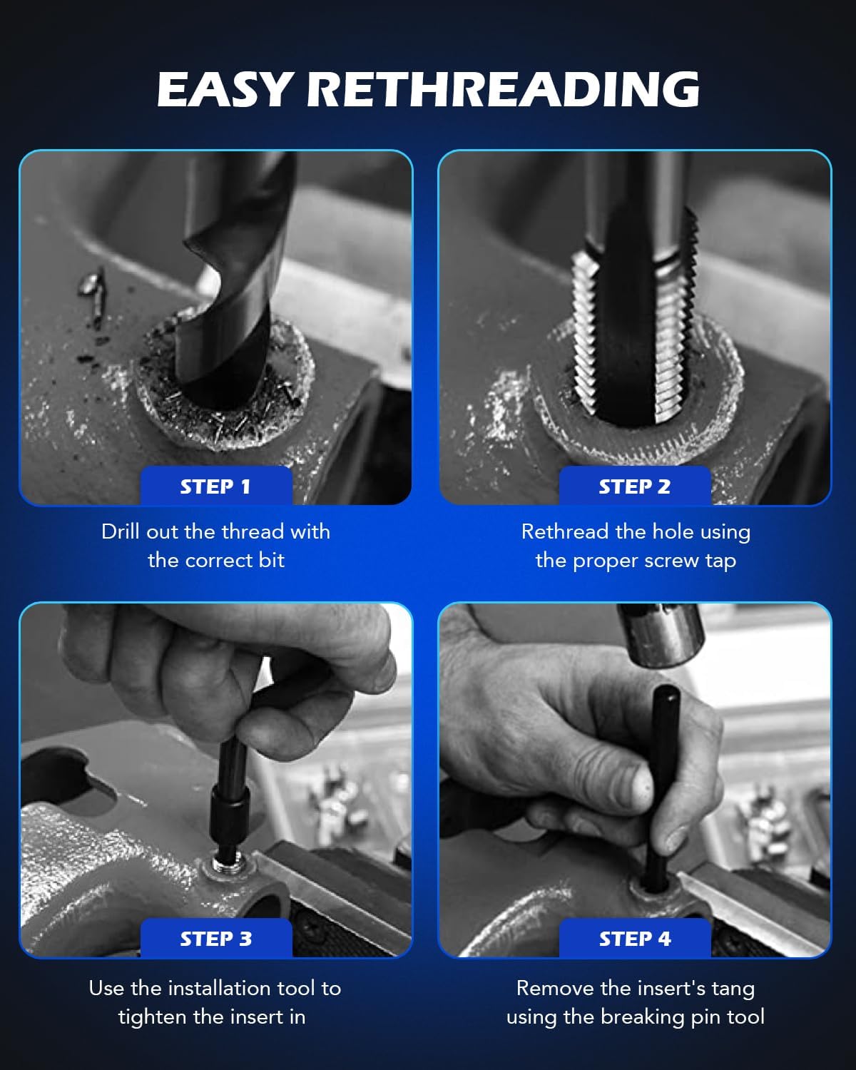 Orion Motor Tech Kit de reparación de roscas helicoidales, juego de herramientas de reparación de roscas de 38″-16 con broca HSS e insertos de 15