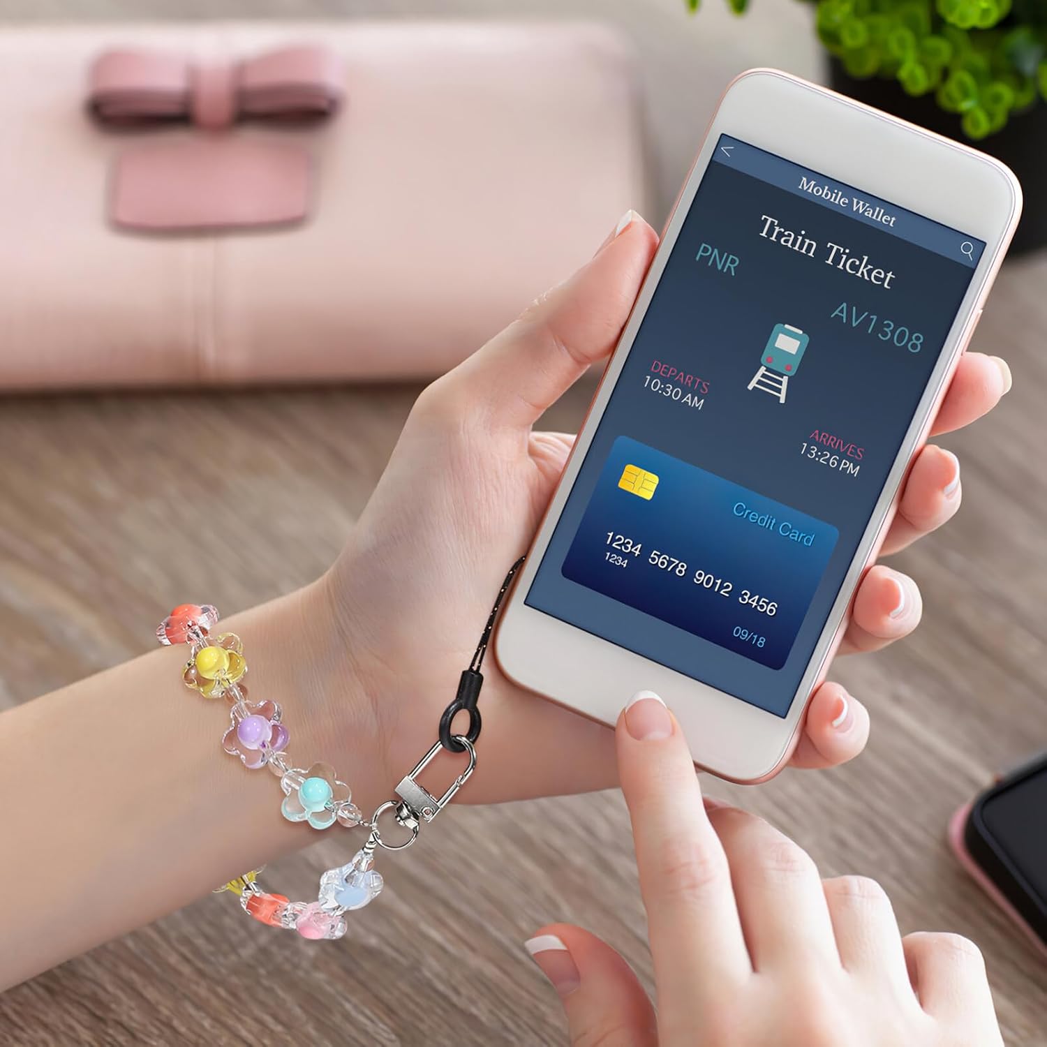 UKCOCO 2 correas de muñeca con cuentas para teléfono, bonitos dijes de flores para teléfono, llavero antipérdida para mujeres y niñas, Acrílico, No