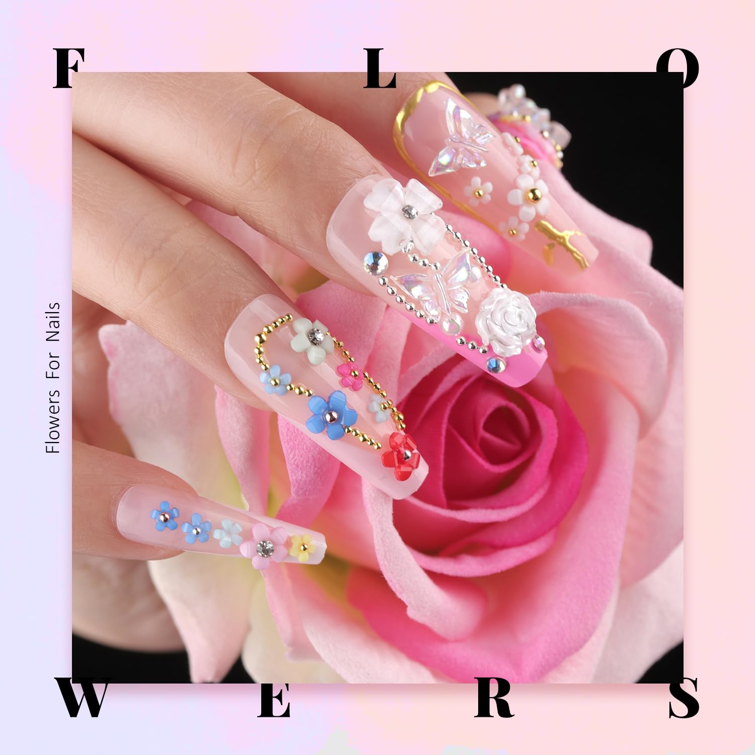 Flores 3D, kit de manicura con gel de pegamento de diamantes de imitación, coloridos dijes de uñas acrílicas con cuentas de caviar, diamantes de