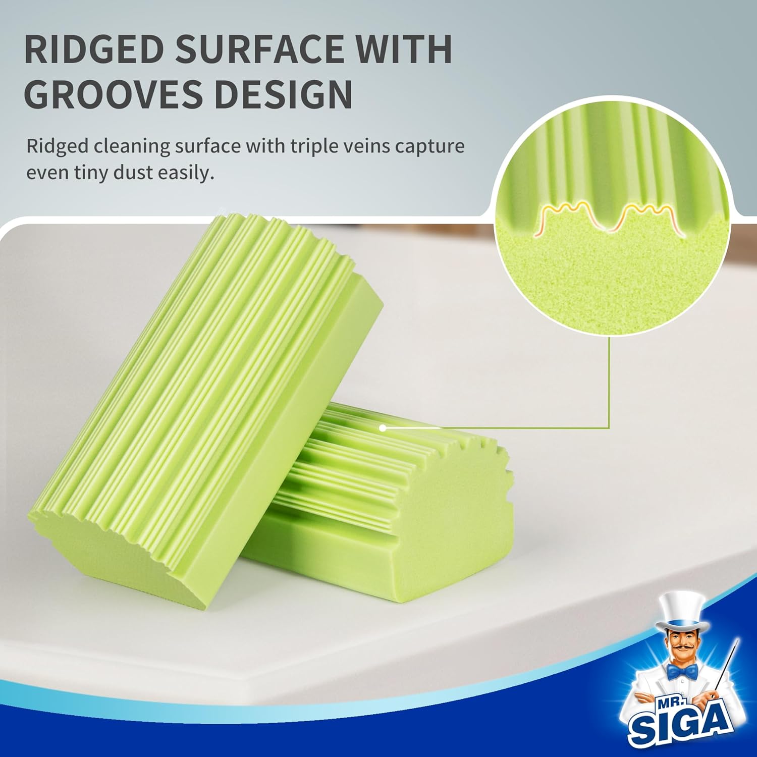MR.SIGA Plumero de esponja, plumero reutilizable con diseño de superficie acanalada, esponja húmeda para el hogar para limpiar el polvo, paquete de